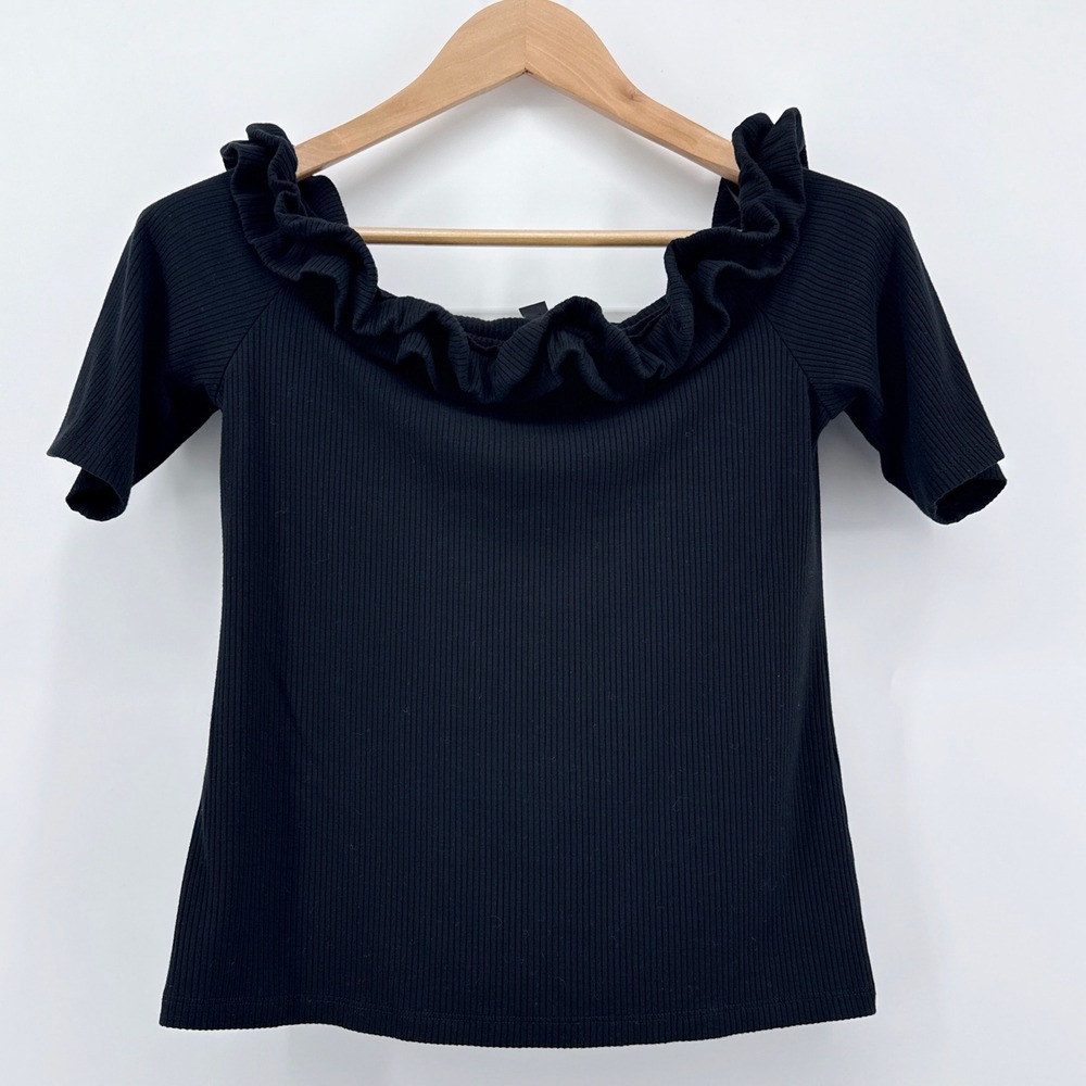 Ann Taylor Black Ribbed Off The Shoulder Ruffle Top Short Sleeve Size Medium
